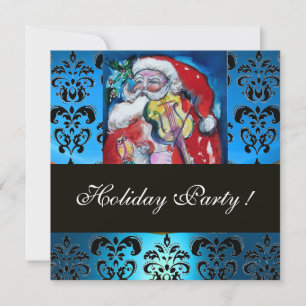 SANTA MIT VIOLIN, BLUE BLACK DAMASK MONOGRAMM Ruby Einladung