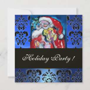 SANTA MIT VIOLIN, BLUE BLACK DAMASK MONOGRAMM Ruby Einladung