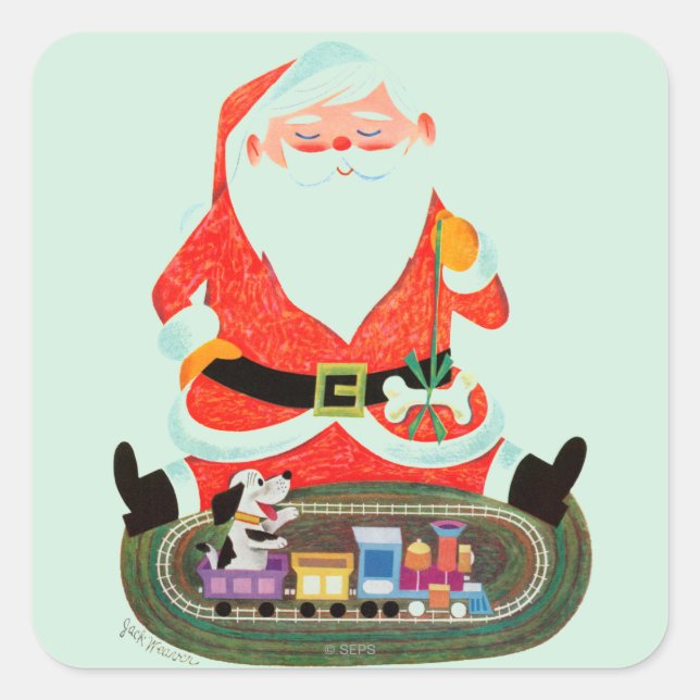 Santa mit Zug Quadratischer Aufkleber (Vorderseite)