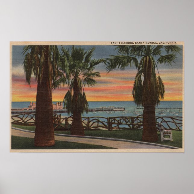Santa Monica, CA - Yachthafen und Sonnenuntergang Poster (Vorne)