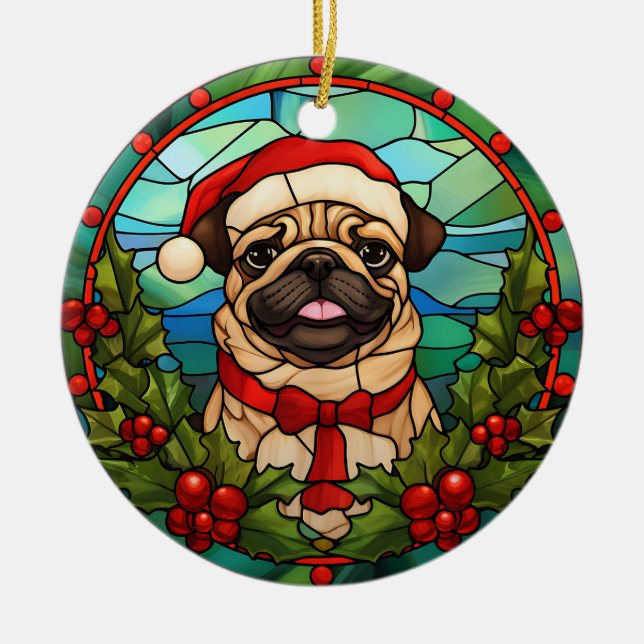 Santa Mops Dog Holly Berry Wreath Weihnachten Keramik Ornament (Vorne)