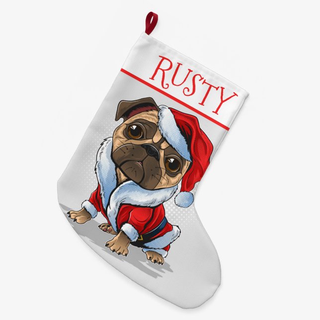 Santa Mops Grosser Strumpf Großer Weihnachtsstrumpf (Vorderansicht (hängend))