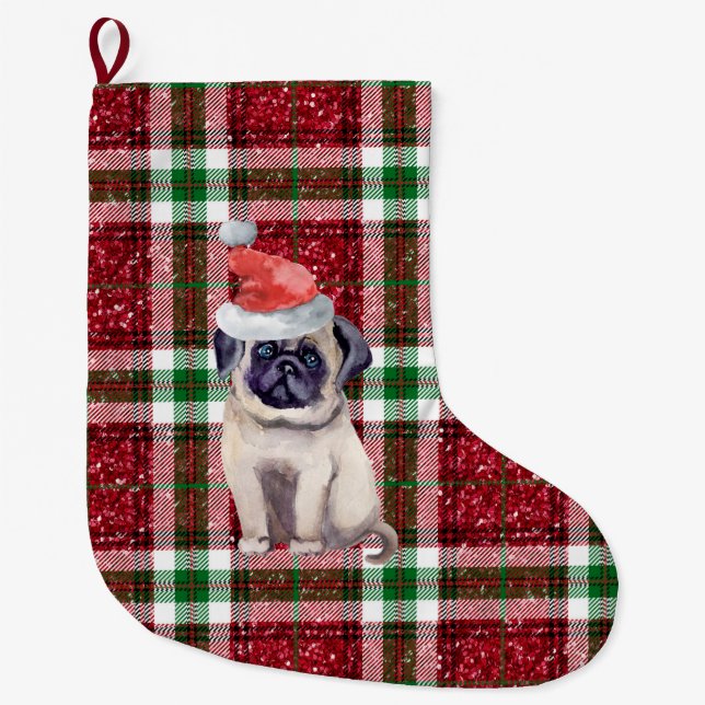 Santa Mops Kariert Weihnachten Großer Weihnachtsstrumpf (Vorderseite)