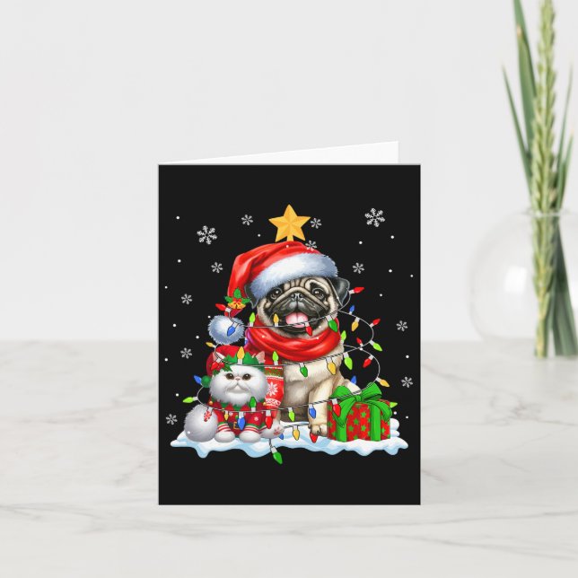 Santa Mops mit Elf Katze Weihnachtsleuchten Besitz Karte (Vorderseite)