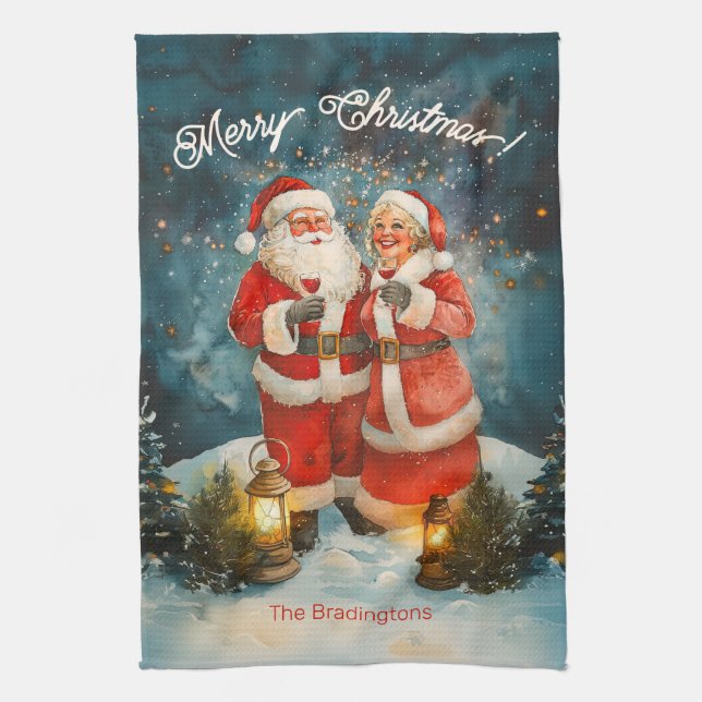 Santa Mrs Claus Merry Christmas Geschirrtuch (Vertikal)