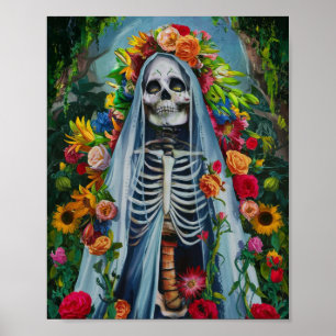 Santa Muerte mit farbenfrohen Blumen Plakat