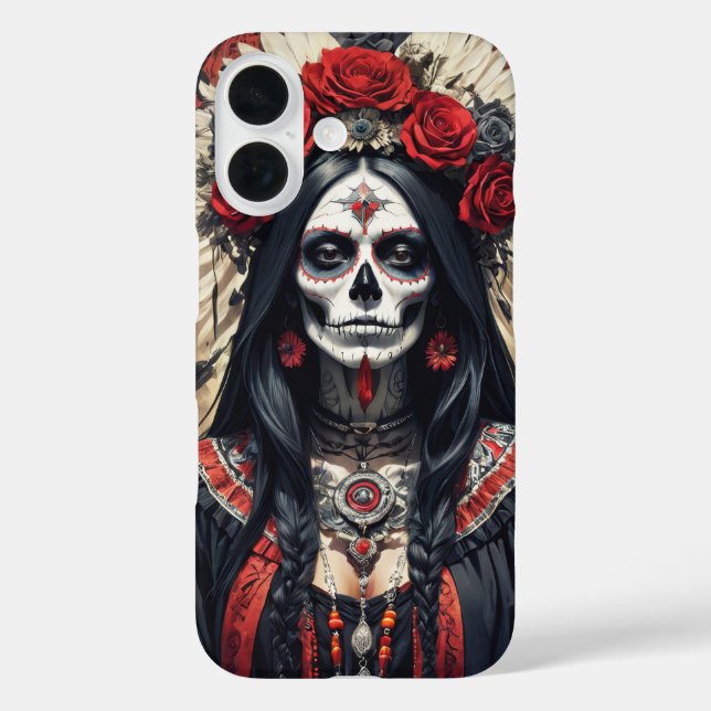 Santa Muerte mit roten Blume verziert iPhone 16 Hülle (Rückseite)