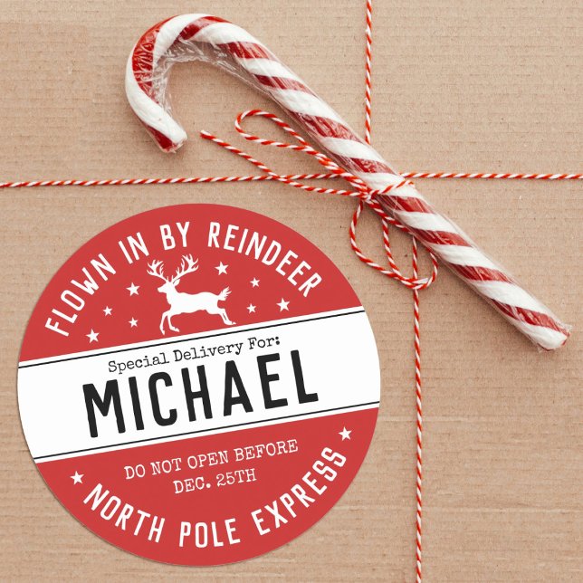 Santa North Pole Express Rentierfest Weihnachten Runder Aufkleber (A cute reindeer sticker with the words, flown in by Reindeer Fun for your holiday gifts)