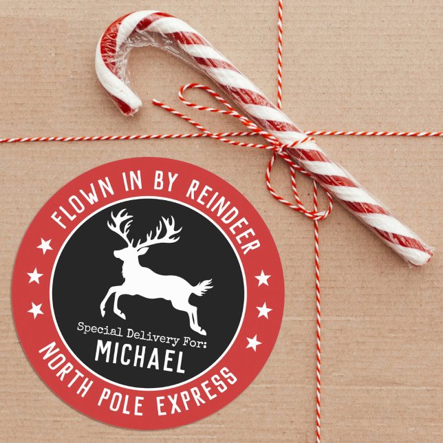 Santa North Pole Rentier Weihnachtskleber Runder Aufkleber (A  reindeer Christmas sticker, with the words, Flown in by Reindeer, cute for your Christmas gifts.)