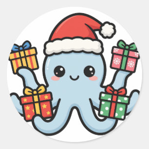 Santa-Oktopus-Weihnachten Runder Aufkleber