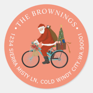 Santa on Bicycle Holiday Address Label Runder Aufkleber