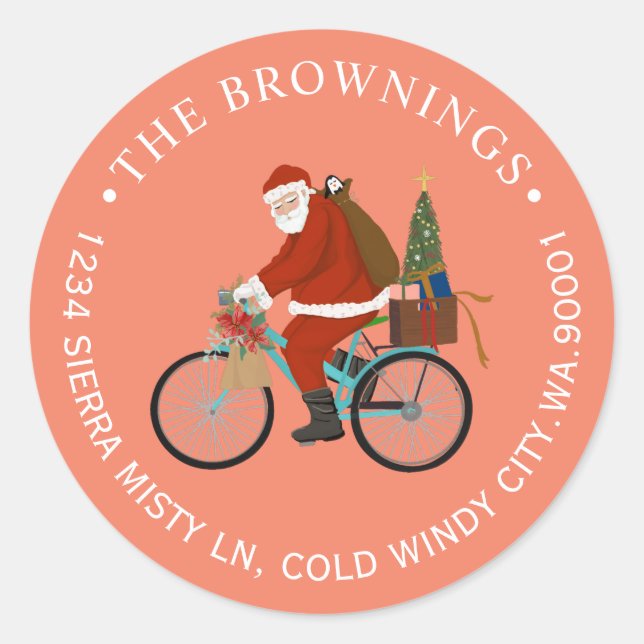 Santa on Bicycle Holiday Address Label Runder Aufkleber (Vorderseite)
