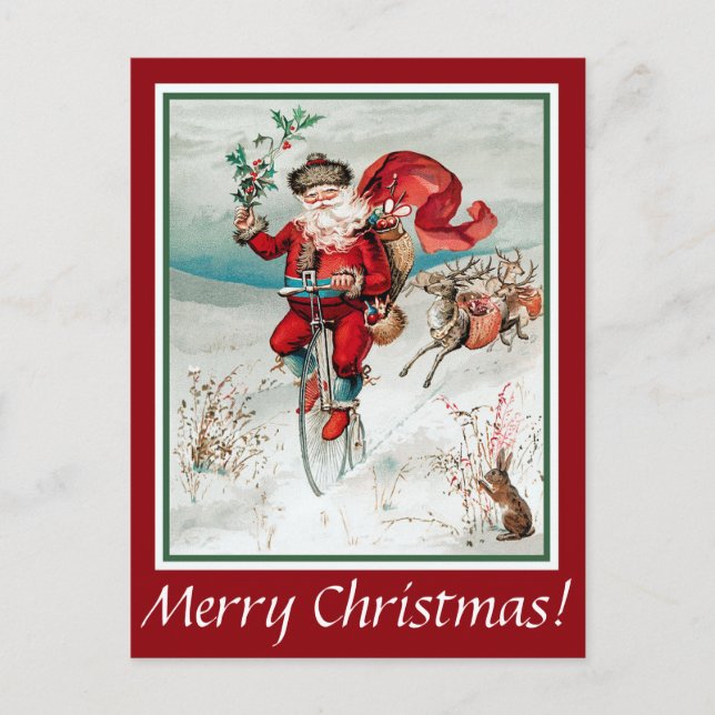 Santa on Bicycle mit Kaninchen und Rentier Postkar Postkarte (Vorderseite)