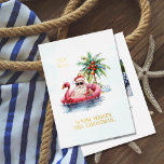 Santa on Flamingo Pool Floatie Weihnachten Folien Feiertagskarte<br><div class="desc">Der Weihnachtsmann trägt eine Sonnenbrille und seinen üblichen roten Hut,  sitzt auf einem Flamingo-Pool schwimmen im tropischen Ozean mit einer Insel hinter ihm und sendet warme Weihnachtswünsche. Eine Palme auf der Insel hat rötlich-braune Kokosnüsse. Echter Folientext auf der Vorderseite und Fotoplatt auf der Rückseite.</div>