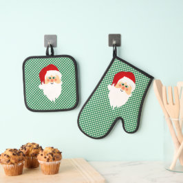 Santa on Green Gingham Karos Design Ofenhandschuh & Topflappen-Set