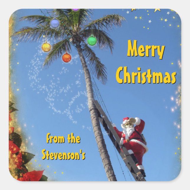 Santa on Palm Tree Quadratischer Aufkleber (Vorderseite)