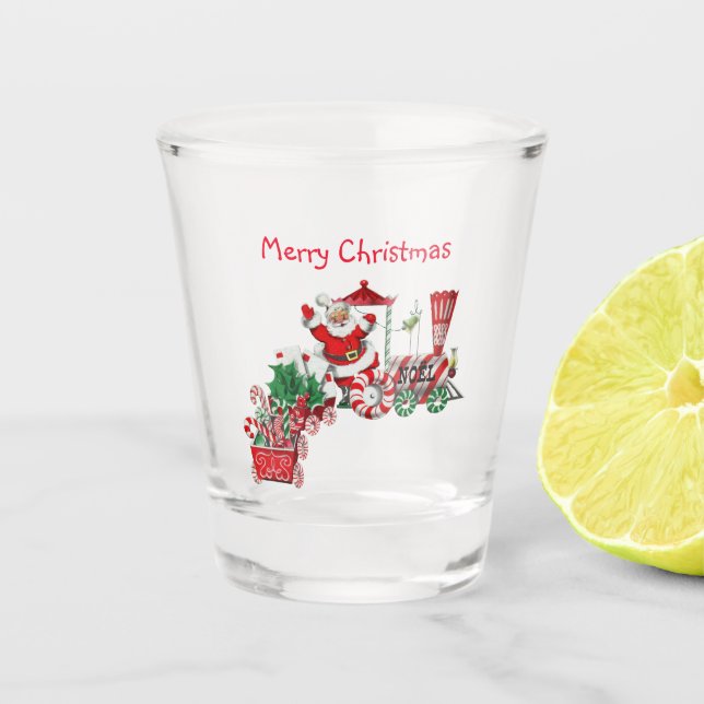 Santa on Red White Peppermint Candy Train Holly Schnapsglas (Vorderseite)