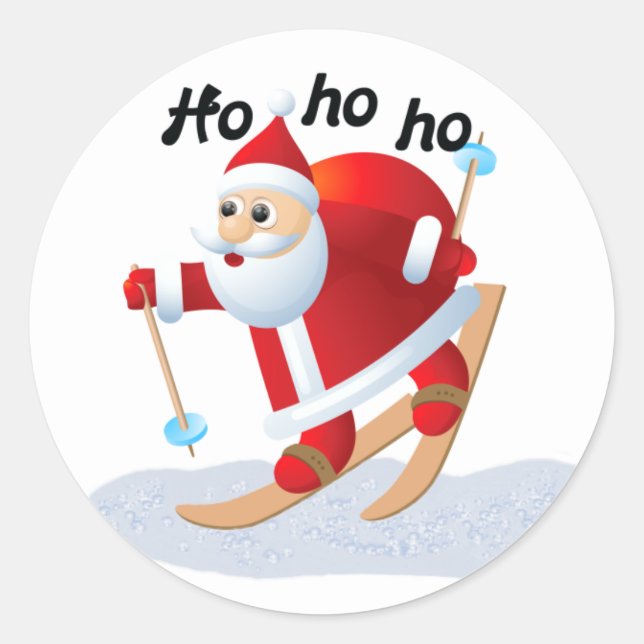 Santa on Snow Skis Weihnachtsaufkleber Runder Aufkleber (Vorderseite)