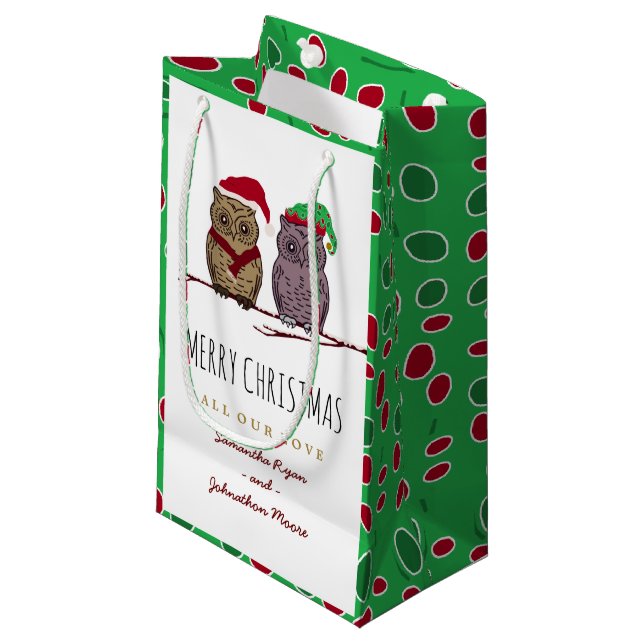 Santa Owl und Elf Owl Kleine Geschenktasche Geschenktüte (Vorderseite Schrägansicht)
