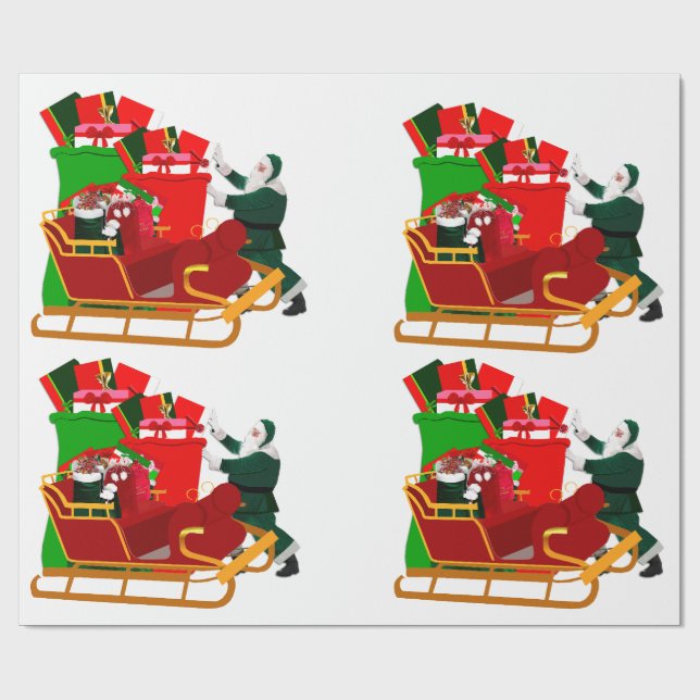 Santa packt sein Geschenkschleppe-Wrap-Papier Geschenkpapier (Flach)