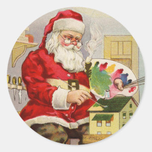 Santa Painting Doll House Runder Aufkleber