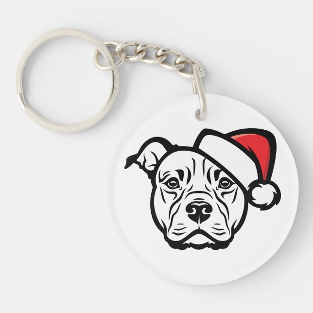 Santa Paws: AmStaff Hund in festem Hut Schlüsselanhänger (Vorderseite)