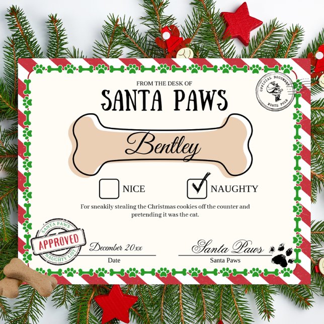 Santa Paw's Naughty List Zertifikat für Hunde Poster (Custom Santa Paws Naughty List certificate)