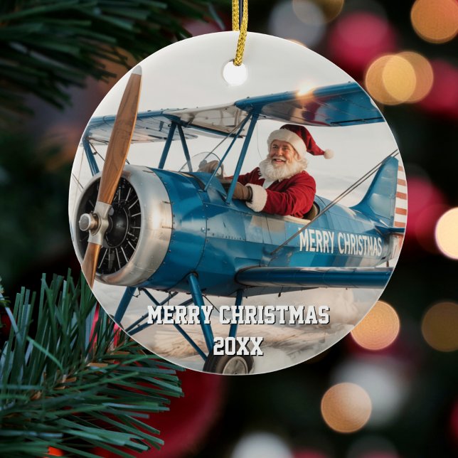 Santa Pilot fliegt Flugzeug Sonniges Foto Weihnach Keramik Ornament (Von Creator hochgeladen)