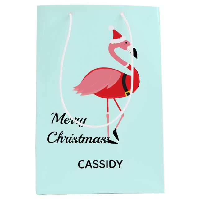 Santa Pink Flamingo Name Animal Blue Weihnachten Mittlere Geschenktüte (Vorderseite)