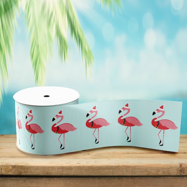 Santa Pink Flamingo Weihnachts Blaue Weihnachtsfei Ripsband (Get this fun flamingo ribbon for your Christmas.)