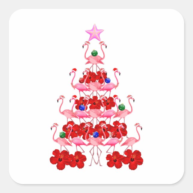 Santa Pink Flamingo Weihnachtsbaum Quadratischer Aufkleber (Vorderseite)