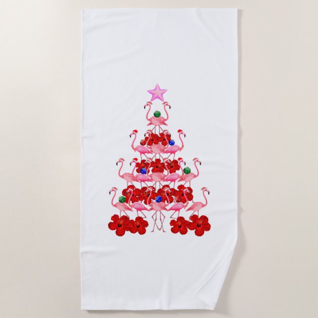 Santa Pink Flamingo Weihnachtsbaum Strandtuch (Vorderseite)