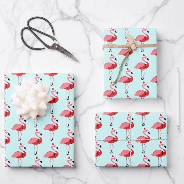 Santa Pink Flamingo Weihnachtsmuster Geschenkpapier Set (Vorderseite)