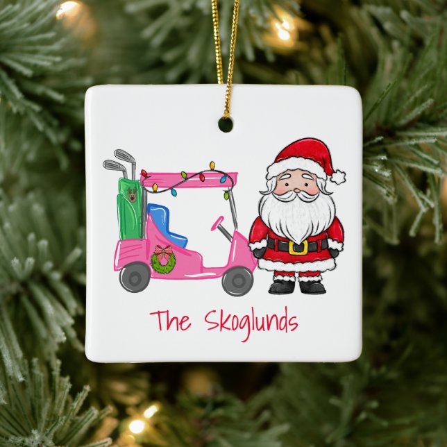 Santa Pink Golf Cart Weihnachten mit Lichterkranz Keramikornament (Baum)