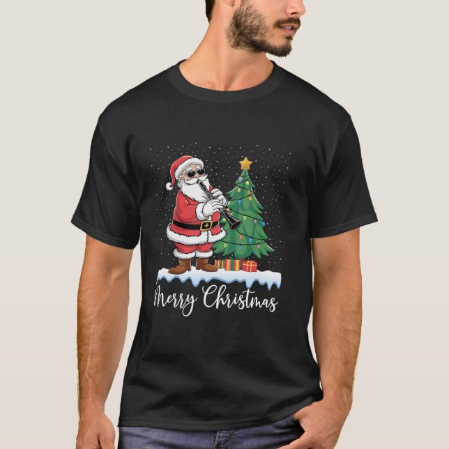 Santa Playing Clarinet Christmas Tree Lights Ugly  T-Shirt (Vorderseite)