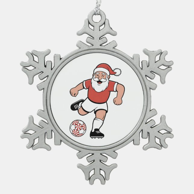 Santa Playing Fußball Weihnachtsspielerin Sport Schneeflocken Zinn-Ornament (Vorderseite)