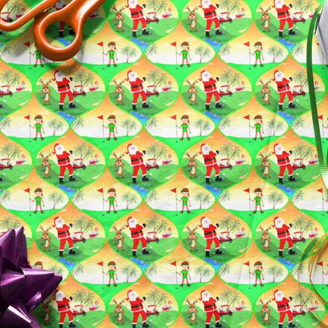 Santa Playing Golf in Florida Weihnachtsfeier Seidenpapier (Whimsical Santa golfing in Florida with Flamingo caddy, reindeer watching.
)