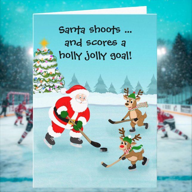 Santa Playing Hockey mit Rentier Weihnachten Karte (Von Creator hochgeladen)
