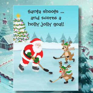 Santa Playing Hockey mit Rentier Weihnachten Postkarte