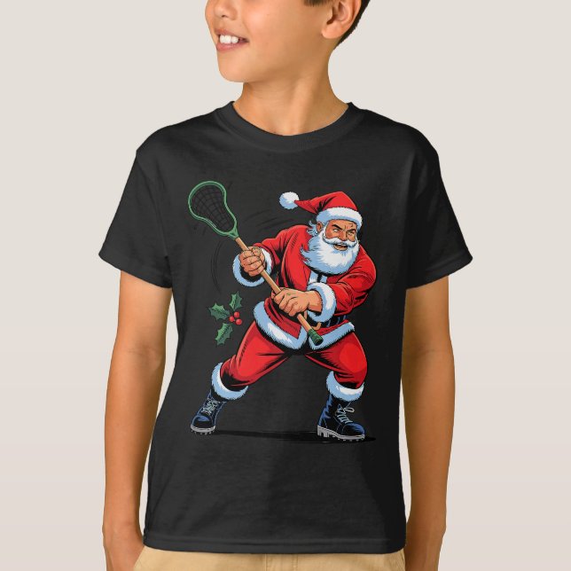 Santa Playing Lacrosse Funny Holiday Christmas Xma T-Shirt (Vorderseite)