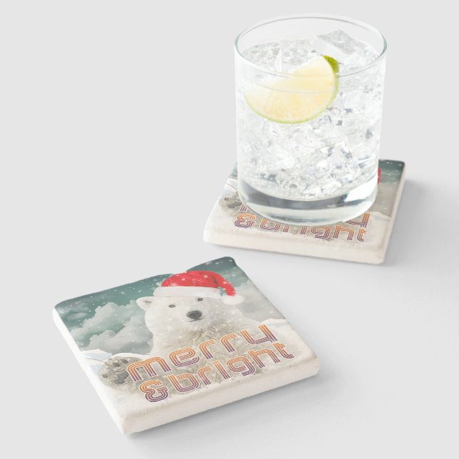 Santa Polar Bear | Beary Christmas Stone Untersetz Steinuntersetzer (Seitenansicht)