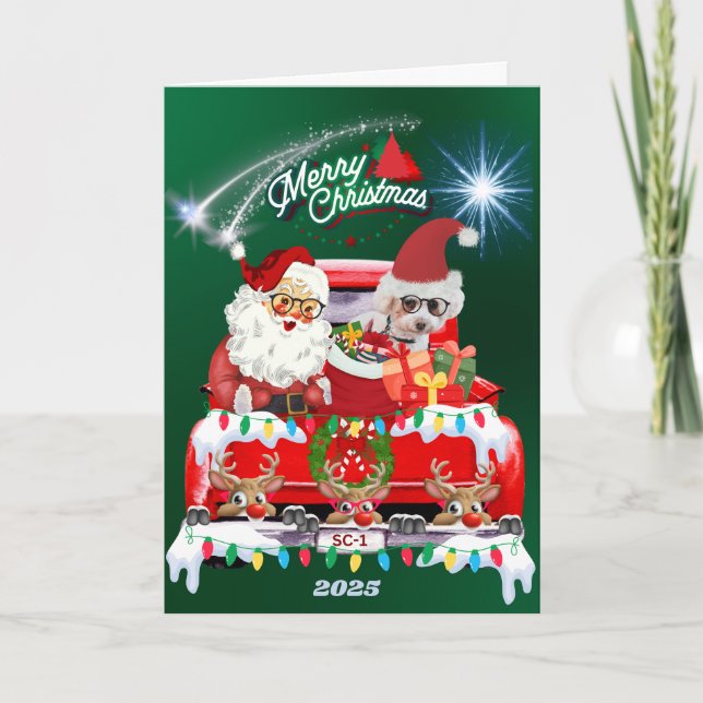 Santa & Poodle Frohe Weihnachts Grün Grußkarte (Vorderseite)