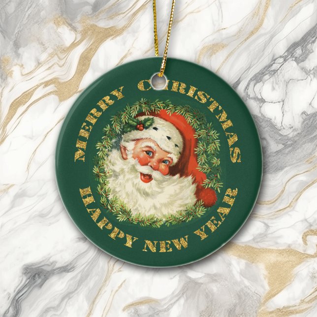 Santa Portrait Gold Text Keramikornament (Von Creator hochgeladen)