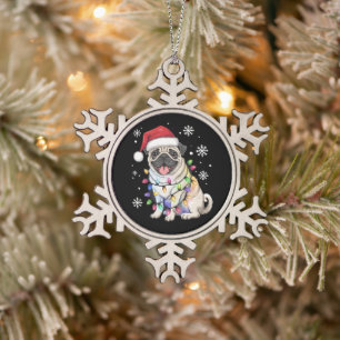 Santa Pug Weihnachtslichter Xmas Hunde Liebhaber  Schneeflocken Zinn-Ornament
