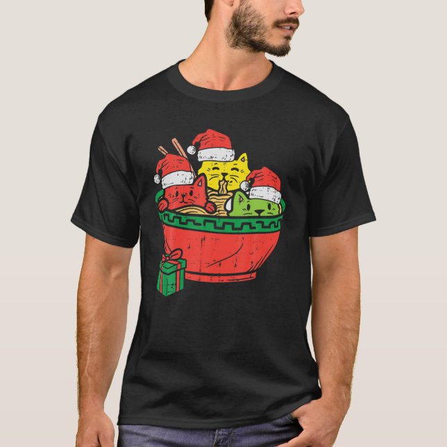 Santa Ramen Cats Anime Christmas Pajamas Xmas Pjs T-Shirt (Vorderseite)