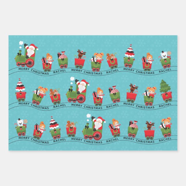 Santa & Red Hair Girl auf Zug Geschenkpapier Set (Vorderseite)