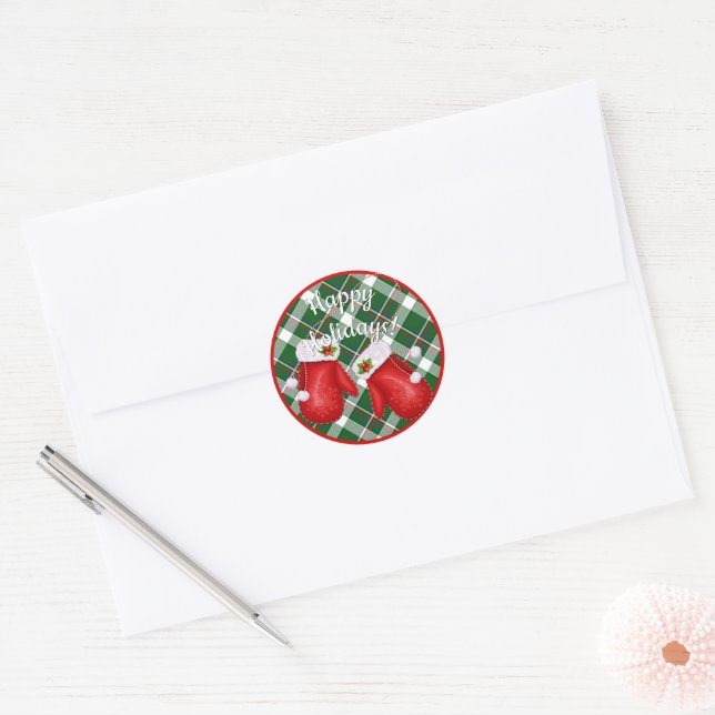 Santa Red Mittens auf Red Green Kariert Karo Patte Runder Aufkleber (Umschlag)