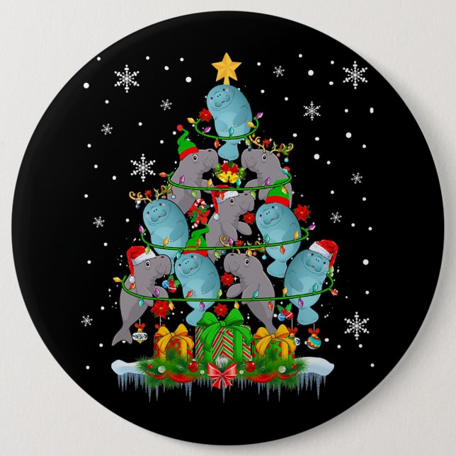 Santa Reindeer Elf Manatees Weihnachtsbaumleuchten Button (Vorderseite)