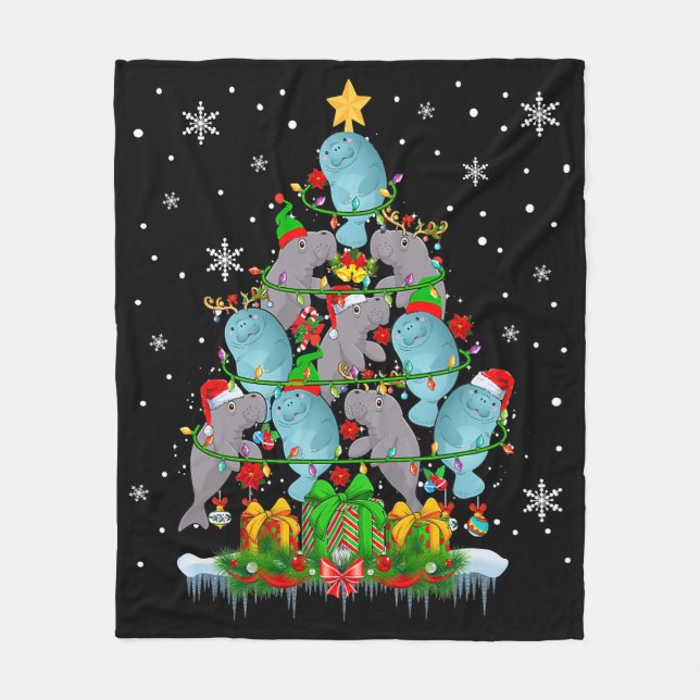Santa Reindeer Elf Manatees Weihnachtsbaumleuchten Fleecedecke (Vorderseite)