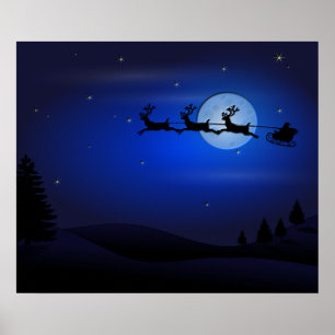 Santa Reindeer Over Moon in Blau Poster